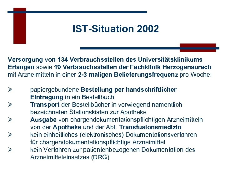 IST-Situation 2002 Versorgung von 134 Verbrauchsstellen des Universitätsklinikums Erlangen sowie 19 Verbrauchsstellen der Fachklinik