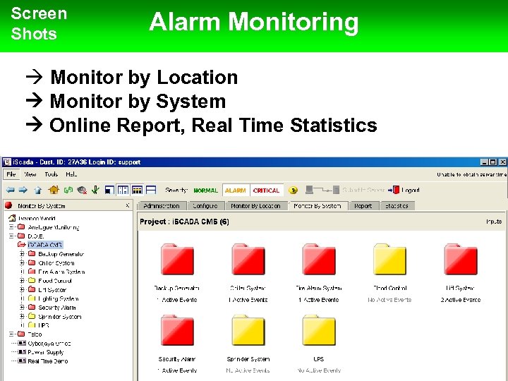 Screen Shots Alarm Monitoring Monitor by Location Monitor by System Online Report, Real Time