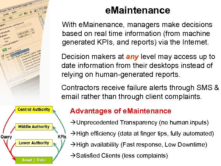 e. Maintenance With e. Mainenance, managers make decisions based on real time information (from