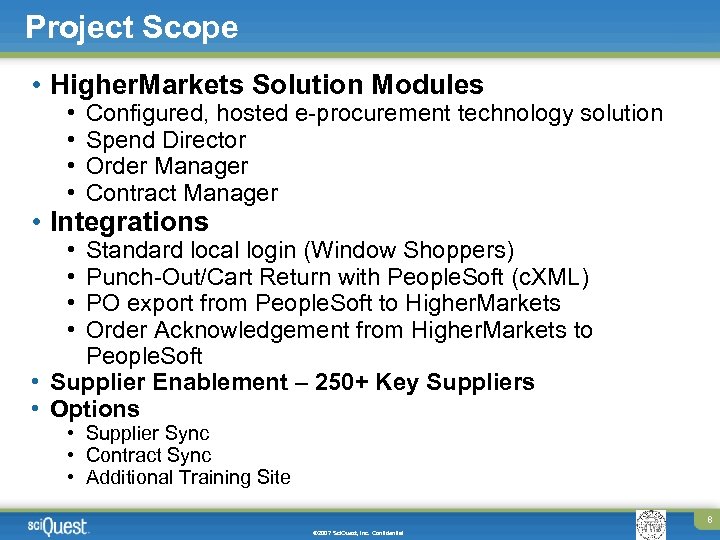 Project Scope • Higher. Markets Solution Modules • • Configured, hosted e-procurement technology solution