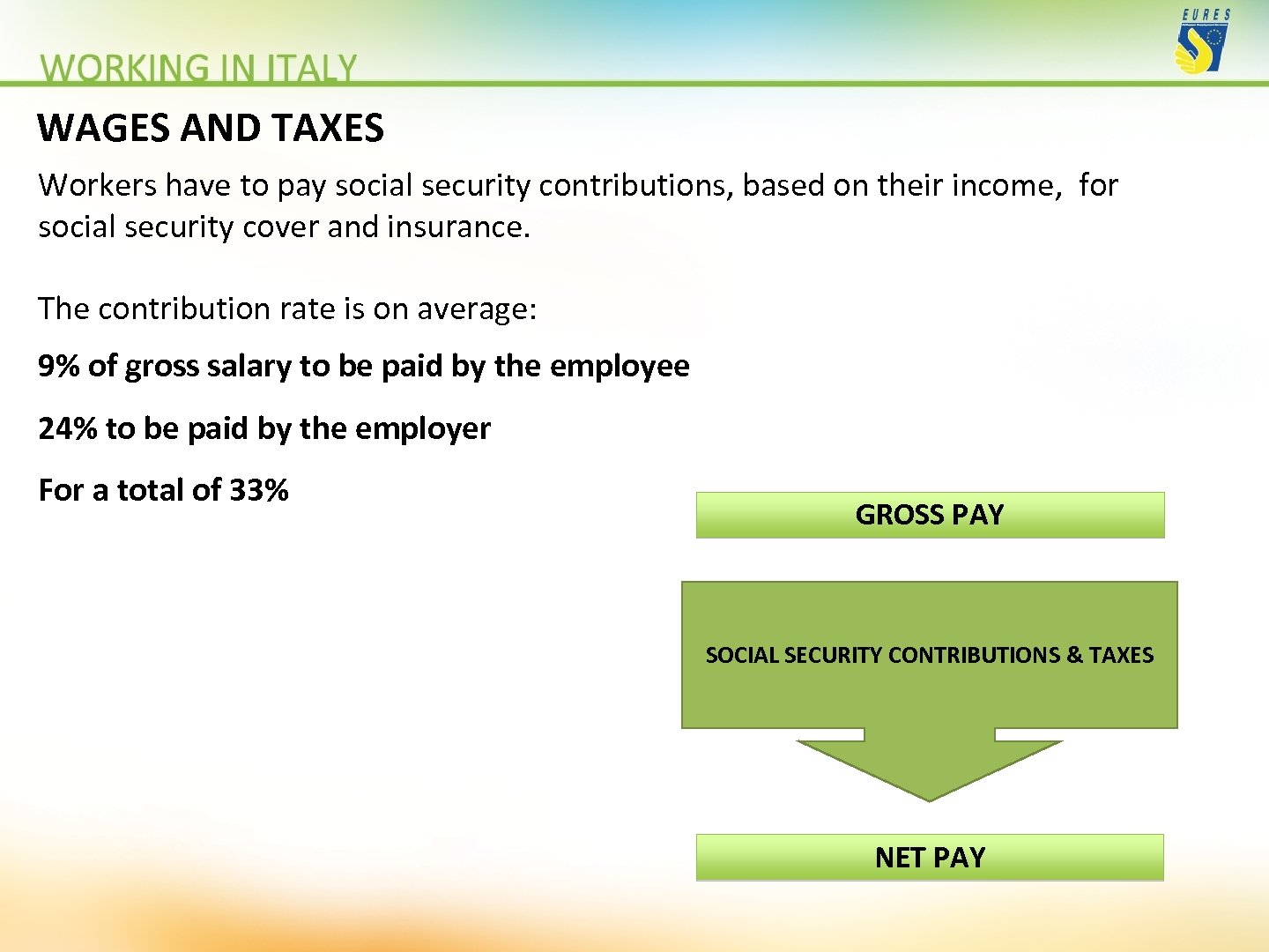 WAGES AND TAXES Workers have to pay social security contributions, based on their income,