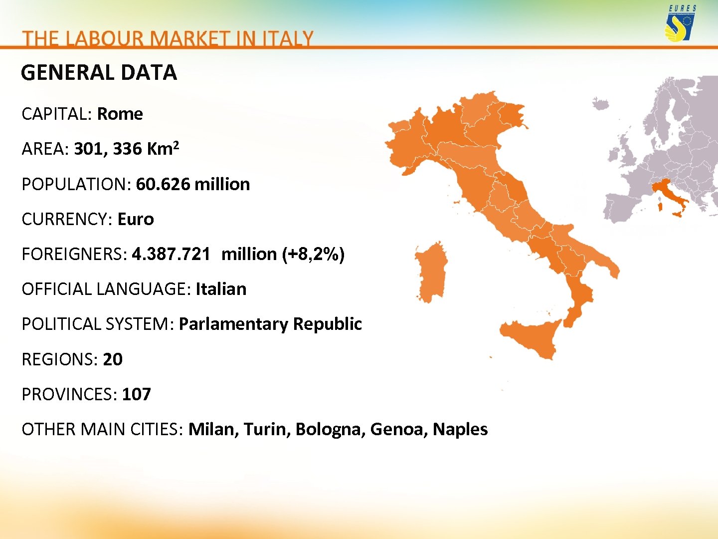 GENERAL DATA CAPITAL: Rome AREA: 301, 336 Km 2 POPULATION: 60. 626 million CURRENCY:
