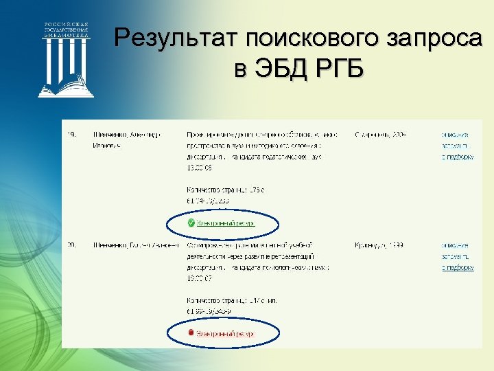 Результат поискового запроса в ЭБД РГБ 