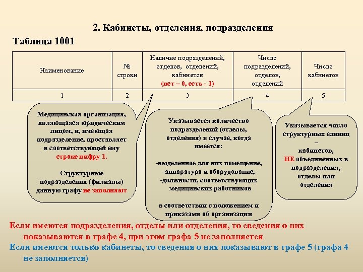 2. Кабинеты, отделения, подразделения Таблица 1001 Наименование № строки Наличие подразделений, отделов, отделений, кабинетов