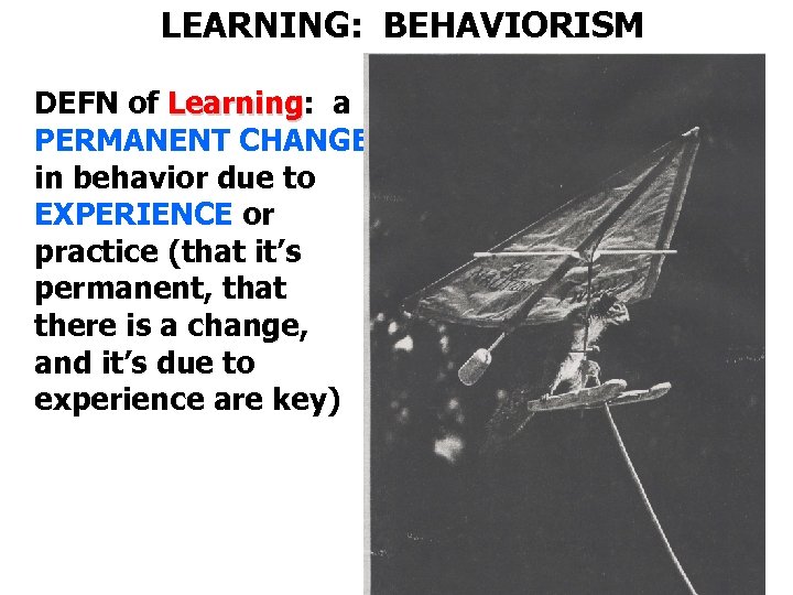 LEARNING: BEHAVIORISM DEFN of Learning: a Learning PERMANENT CHANGE in behavior due to EXPERIENCE