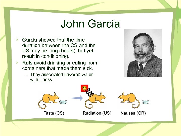 John Garcia showed that the time duration between the CS and the US may