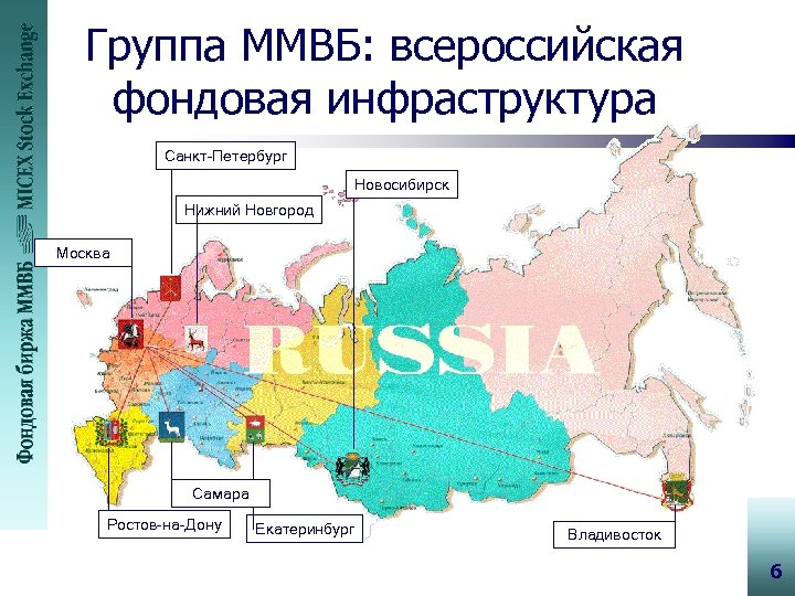 Группа ММВБ: всероссийская фондовая инфраструктура Санкт-Петербург Новосибирск Нижний Новгород Москва Самара Ростов-на-Дону Екатеринбург Владивосток