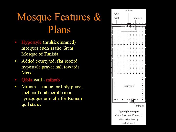 Mosque Features & Plans • Hypostyle (multicolumned) mosques such as the Great Mosque of