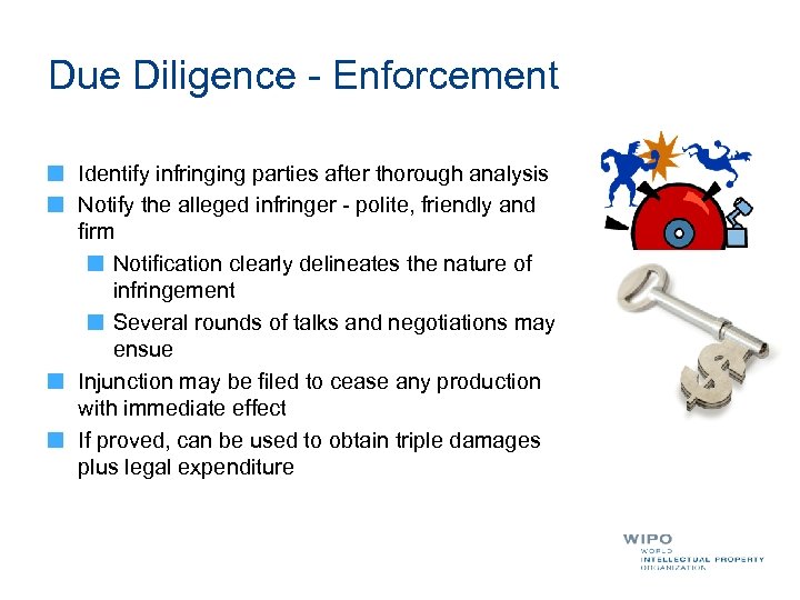 Due Diligence - Enforcement Identify infringing parties after thorough analysis Notify the alleged infringer