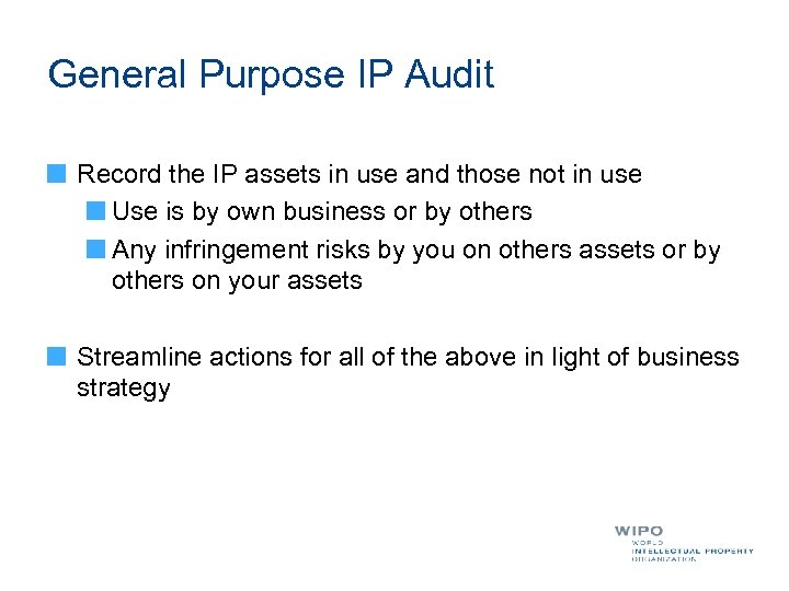 General Purpose IP Audit Record the IP assets in use and those not in