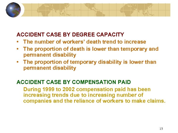 ACCIDENT CASE BY DEGREE CAPACITY • The number of workers’ death trend to increase