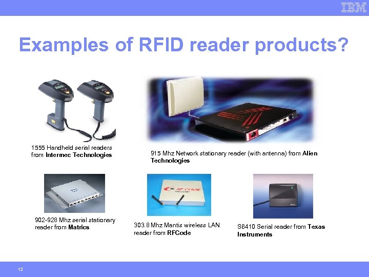 Examples of RFID reader products? 1555 Handheld serial readers from Intermec Technologies 902 -928