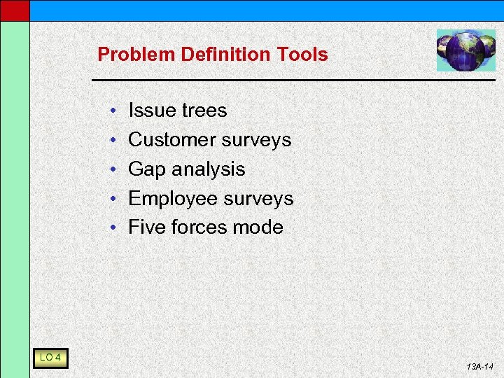 Problem Definition Tools • • • LO 4 Issue trees Customer surveys Gap analysis