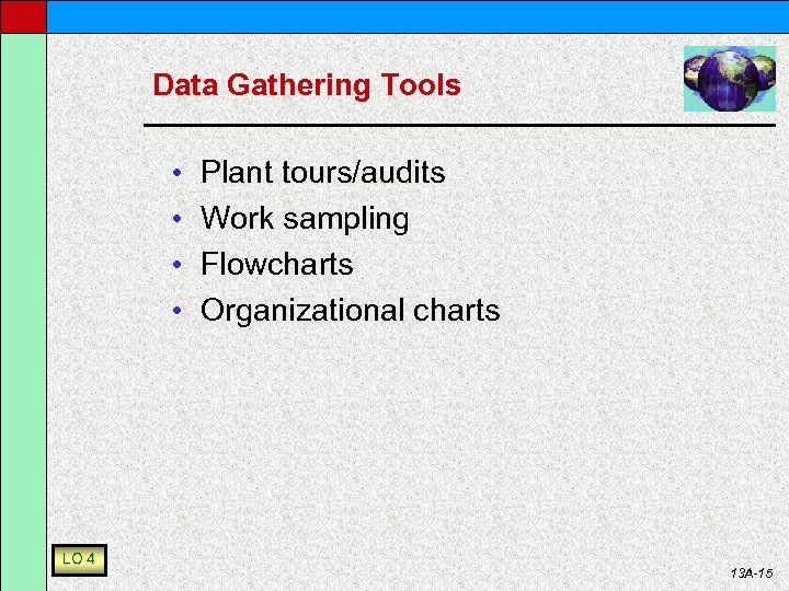 Data Gathering Tools • • LO 4 Plant tours/audits Work sampling Flowcharts Organizational charts