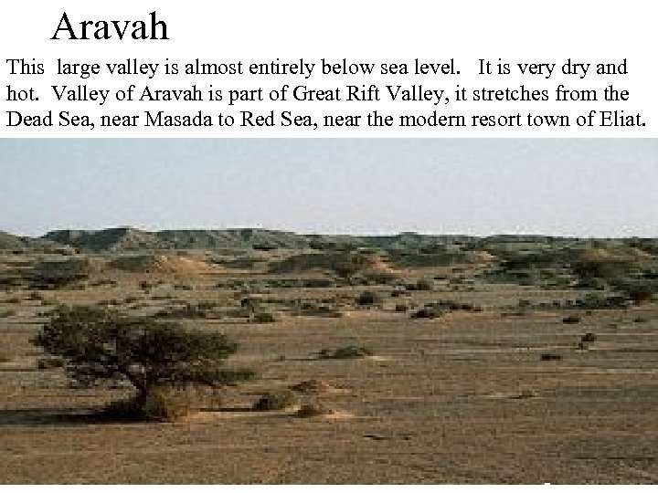 Aravah This large valley is almost entirely below sea level. It is very dry