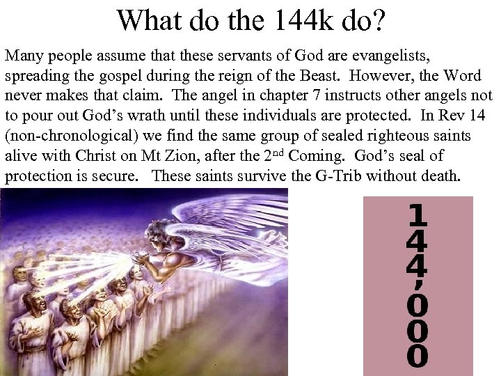 What do the 144 k do? Many people assume that these servants of God