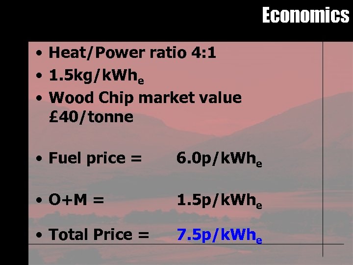 Economics • Heat/Power ratio 4: 1 • 1. 5 kg/k. Whe • Wood Chip
