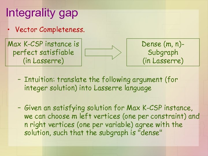 Integrality gap • Vector Completeness. Max K-CSP instance is perfect satisfiable (in Lasserre) Dense