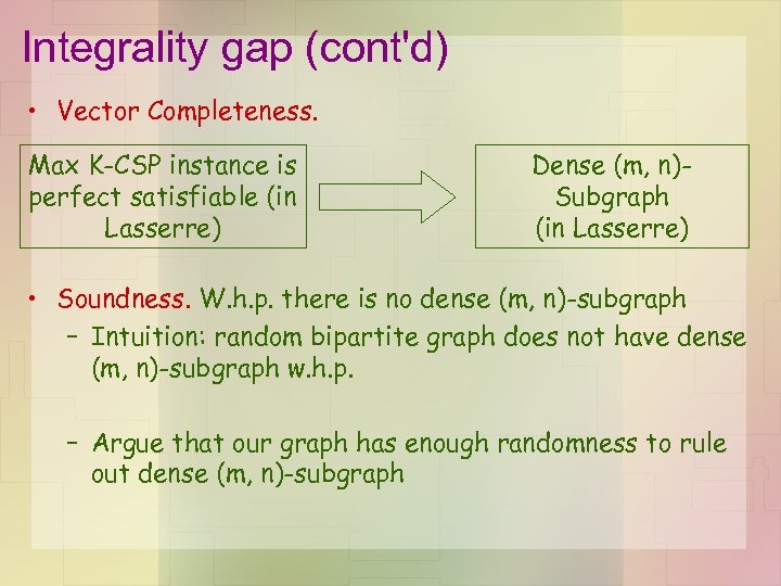 Integrality gap (cont'd) • Vector Completeness. Max K-CSP instance is perfect satisfiable (in Lasserre)