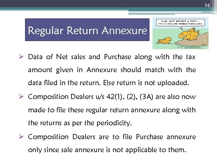 14 Regular Return Annexure Ø Data of Net sales and Purchase along with the