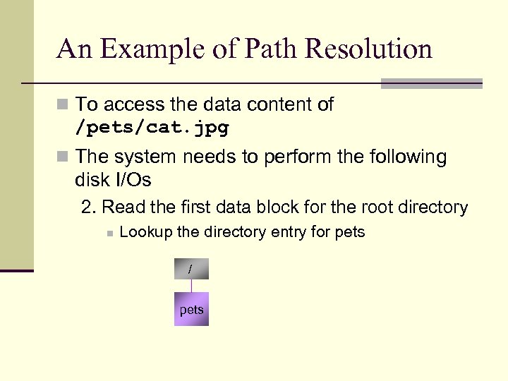 An Example of Path Resolution n To access the data content of /pets/cat. jpg