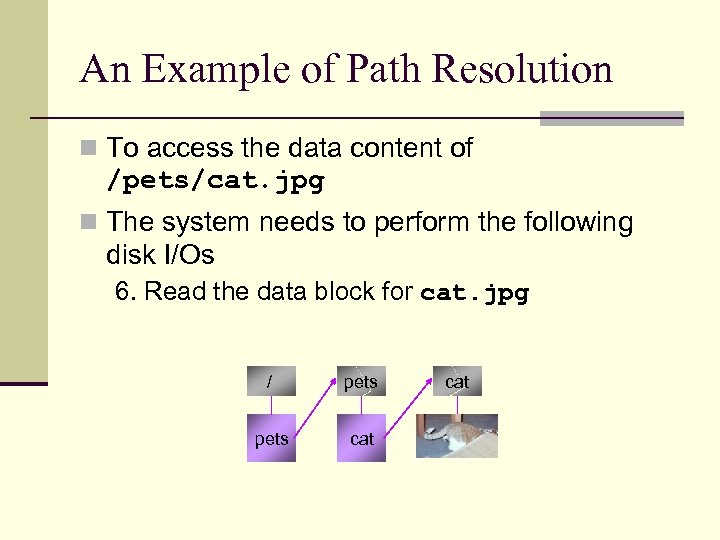 An Example of Path Resolution n To access the data content of /pets/cat. jpg