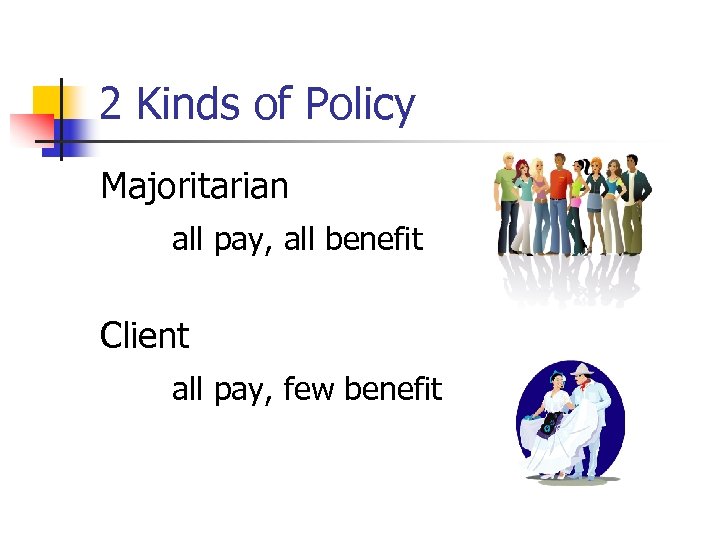 2 Kinds of Policy Majoritarian all pay, all benefit Client all pay, few benefit