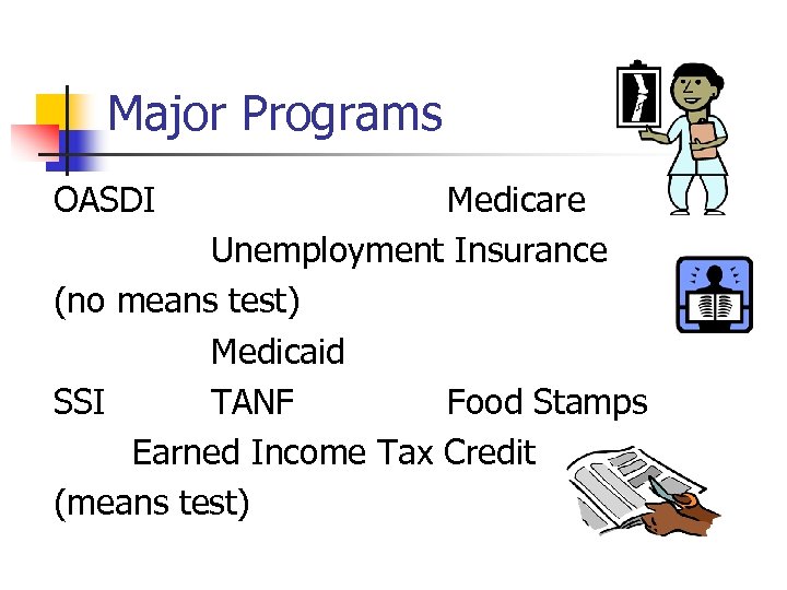 Major Programs OASDI Medicare Unemployment Insurance (no means test) Medicaid SSI TANF Food Stamps