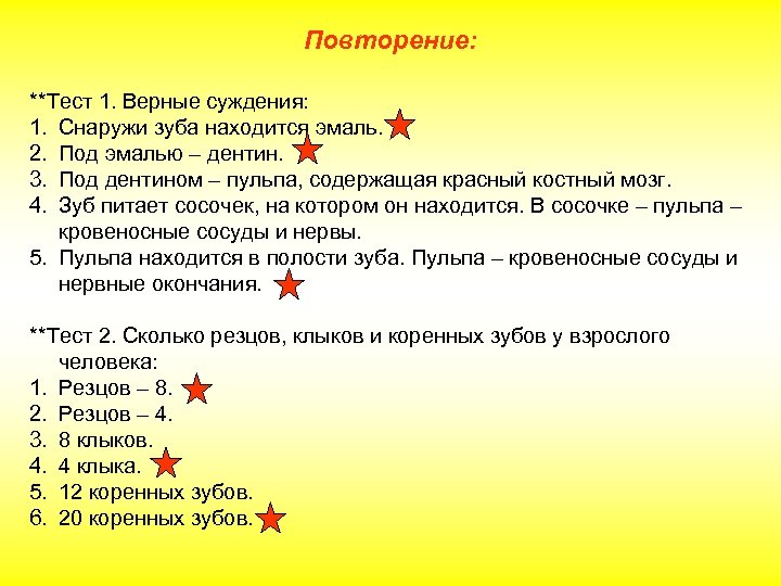 Повторение: **Тест 1. Верные суждения: 1. Снаружи зуба находится эмаль. 2. Под эмалью –