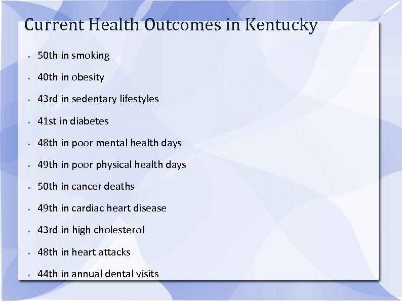 Current Health Outcomes in Kentucky • 50 th in smoking • 40 th in