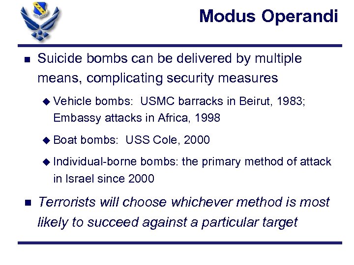 Modus Operandi n Suicide bombs can be delivered by multiple means, complicating security measures