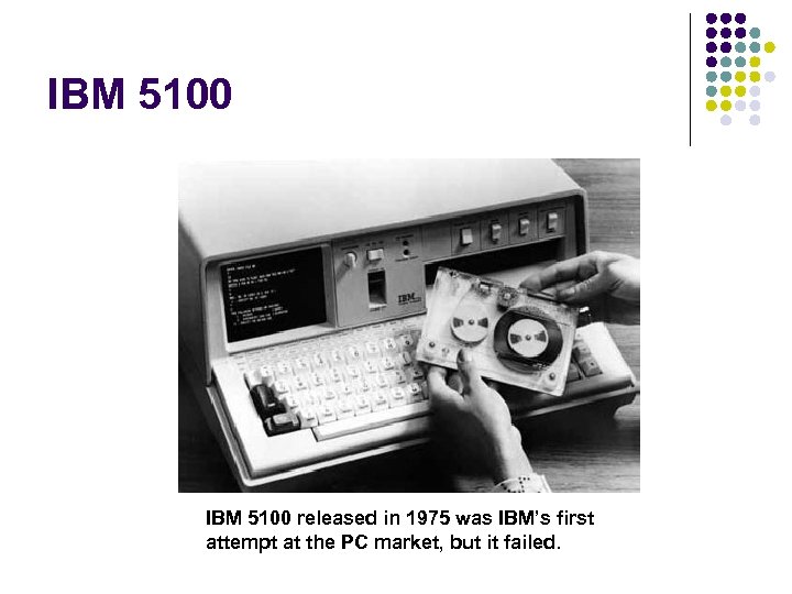 IBM 5100 released in 1975 was IBM’s first attempt at the PC market, but