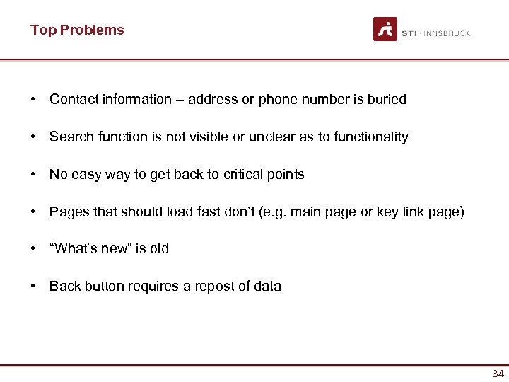 Top Problems • Contact information – address or phone number is buried • Search