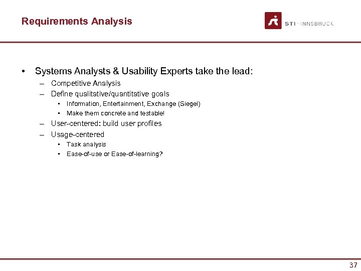 Requirements Analysis • Systems Analysts & Usability Experts take the lead: – Competitive Analysis