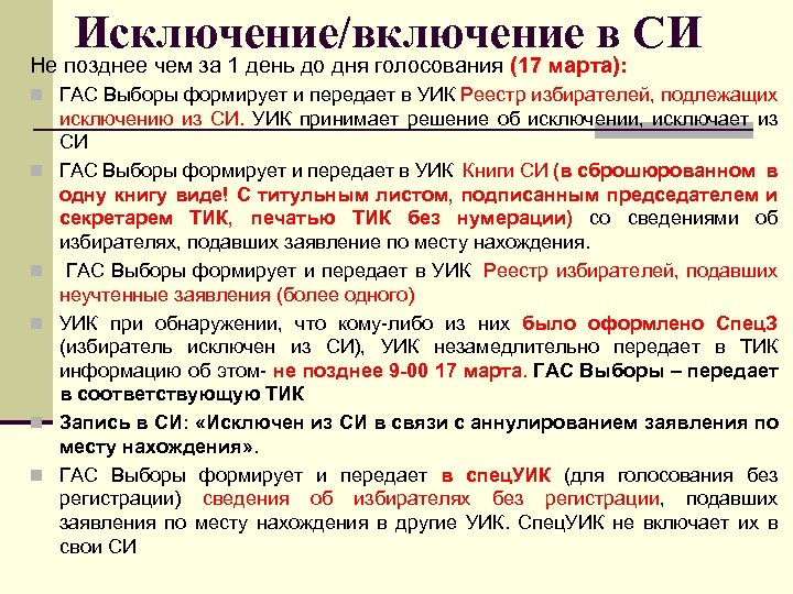 Исключение/включение в СИ Не позднее чем за 1 день до дня голосования (17 марта):