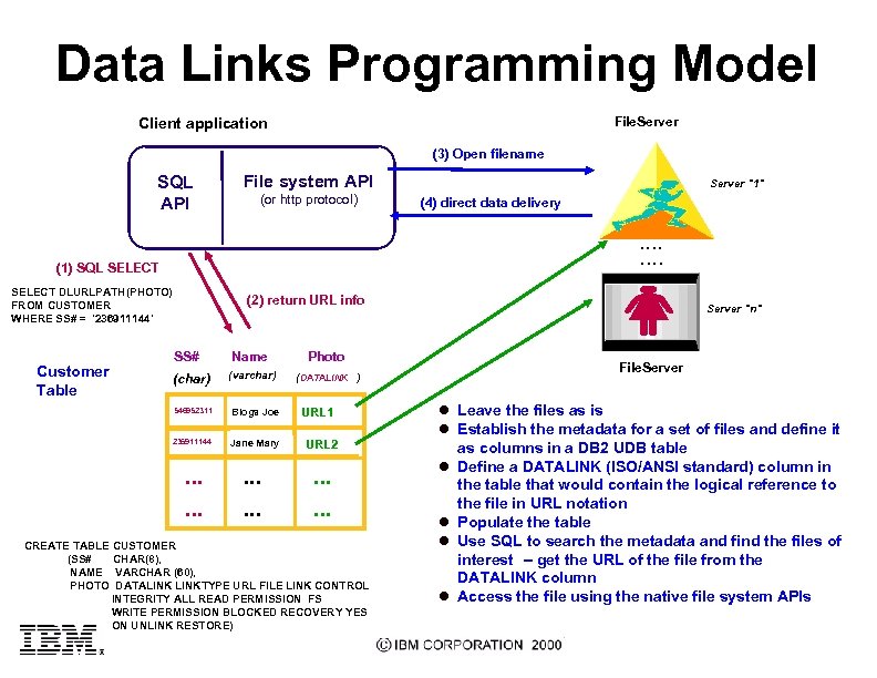 Data Links Programming Model Client application File. Server (3) Open filename SQL API File