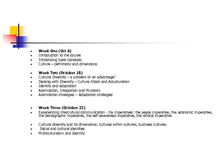 n n n n Week One (Oct 8) Introduction to the course Introducing basic