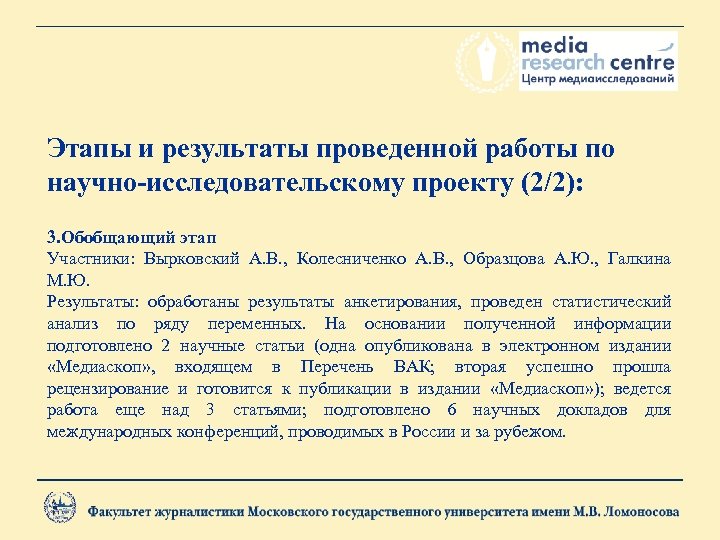 Этапы и результаты проведенной работы по научно-исследовательскому проекту (2/2): 3. Обобщающий этап Участники: Вырковский