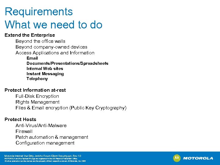 Requirements What we need to do Extend the Enterprise Beyond the office walls Beyond