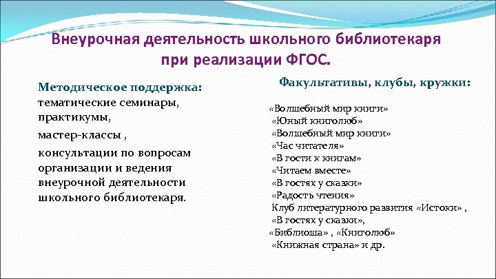 Внеурочная деятельность школьного библиотекаря при реализации ФГОС. Методическое поддержка: тематические семинары, практикумы, мастер-классы ,