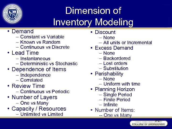 Dimension of Inventory Modeling • Demand – Constant vs Variable – Known vs Random