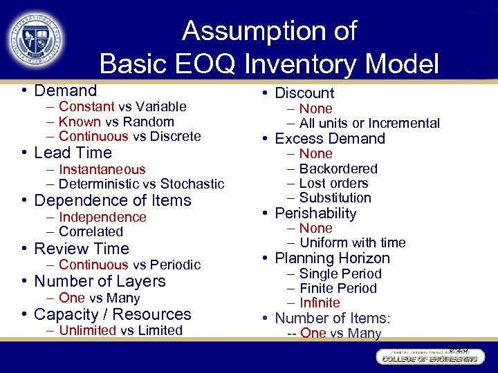 Assumption of Basic EOQ Inventory Model • Demand – Constant vs Variable – Known