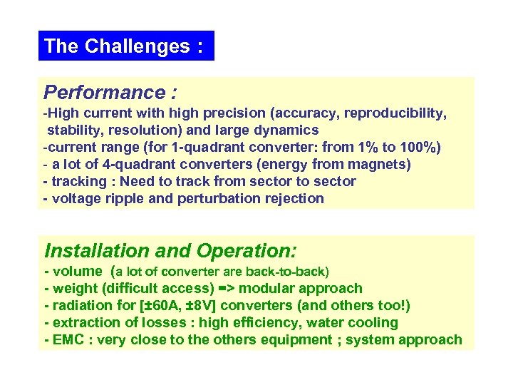 The Challenges : Performance : -High current with high precision (accuracy, reproducibility, stability, resolution)