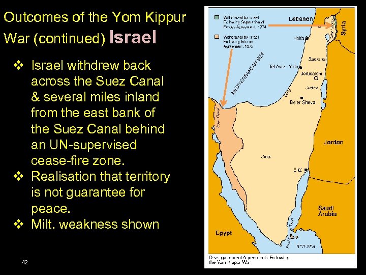 Outcomes of the Yom Kippur War (continued) Israel v Israel withdrew back across the