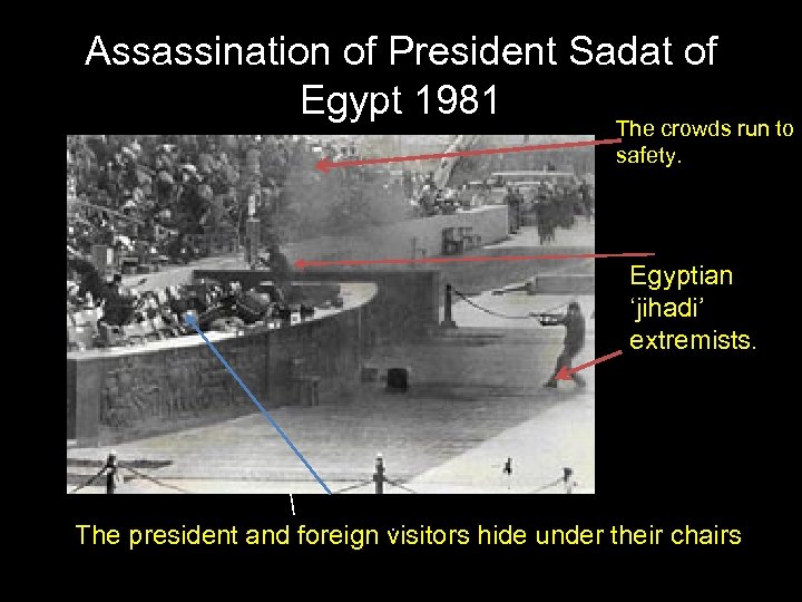 Assassination of President Sadat of Egypt 1981 The crowds run to safety. Egyptian ‘jihadi’