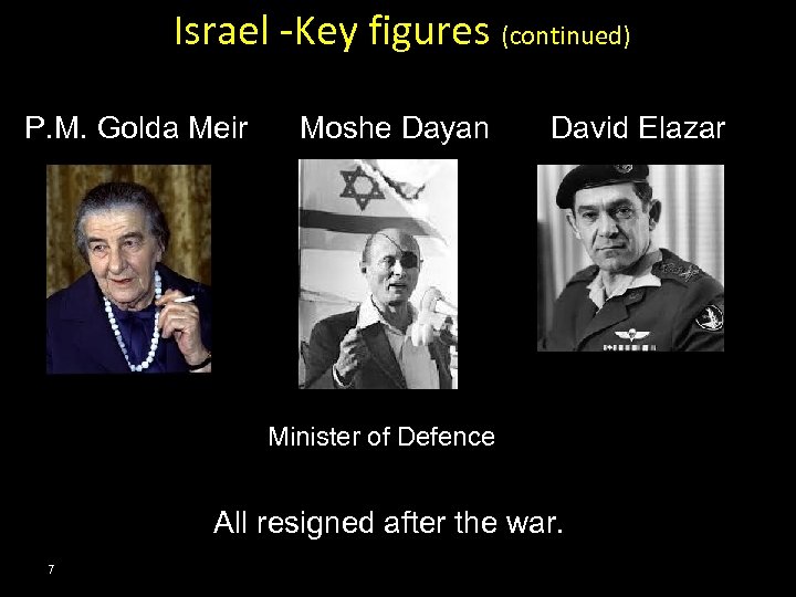 Israel -Key figures (continued) P. M. Golda Meir Moshe Dayan David Elazar Minister of