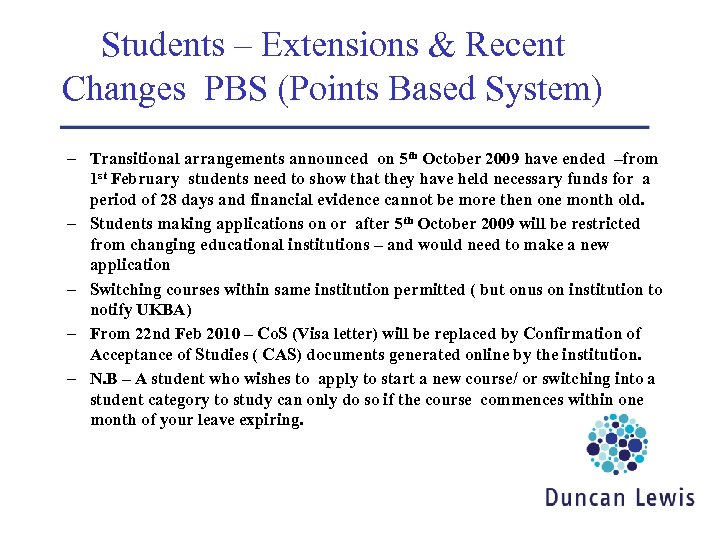 Students – Extensions & Recent Changes PBS (Points Based System) – Transitional arrangements announced