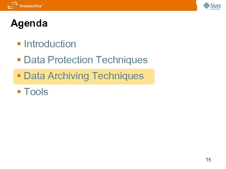 Agenda Introduction Data Protection Techniques Data Archiving Techniques Tools 15 