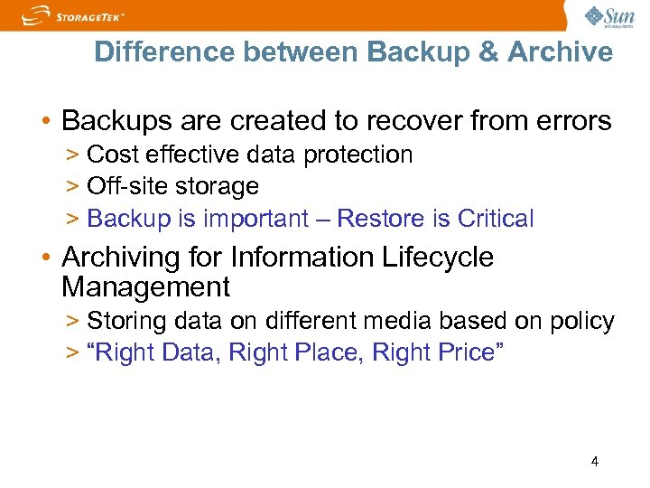 Difference between Backup & Archive • Backups are created to recover from errors >