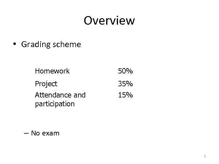 Overview • Grading scheme Homework 50% Project 35% Attendance and participation 15% – No